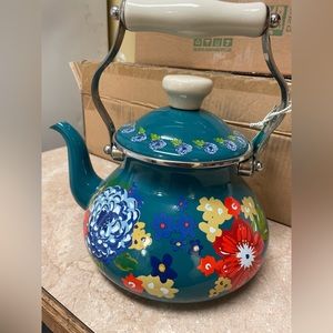 The Pioneer Woman Dazzling Dahlias Enamel on Steel 2 Quart Tea Kettle, Teal